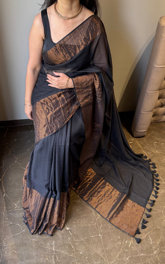 Mul Saree with Striped Zari Border - Black