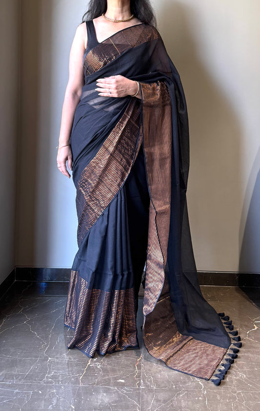 Mul Saree with Striped Zari Border - Black