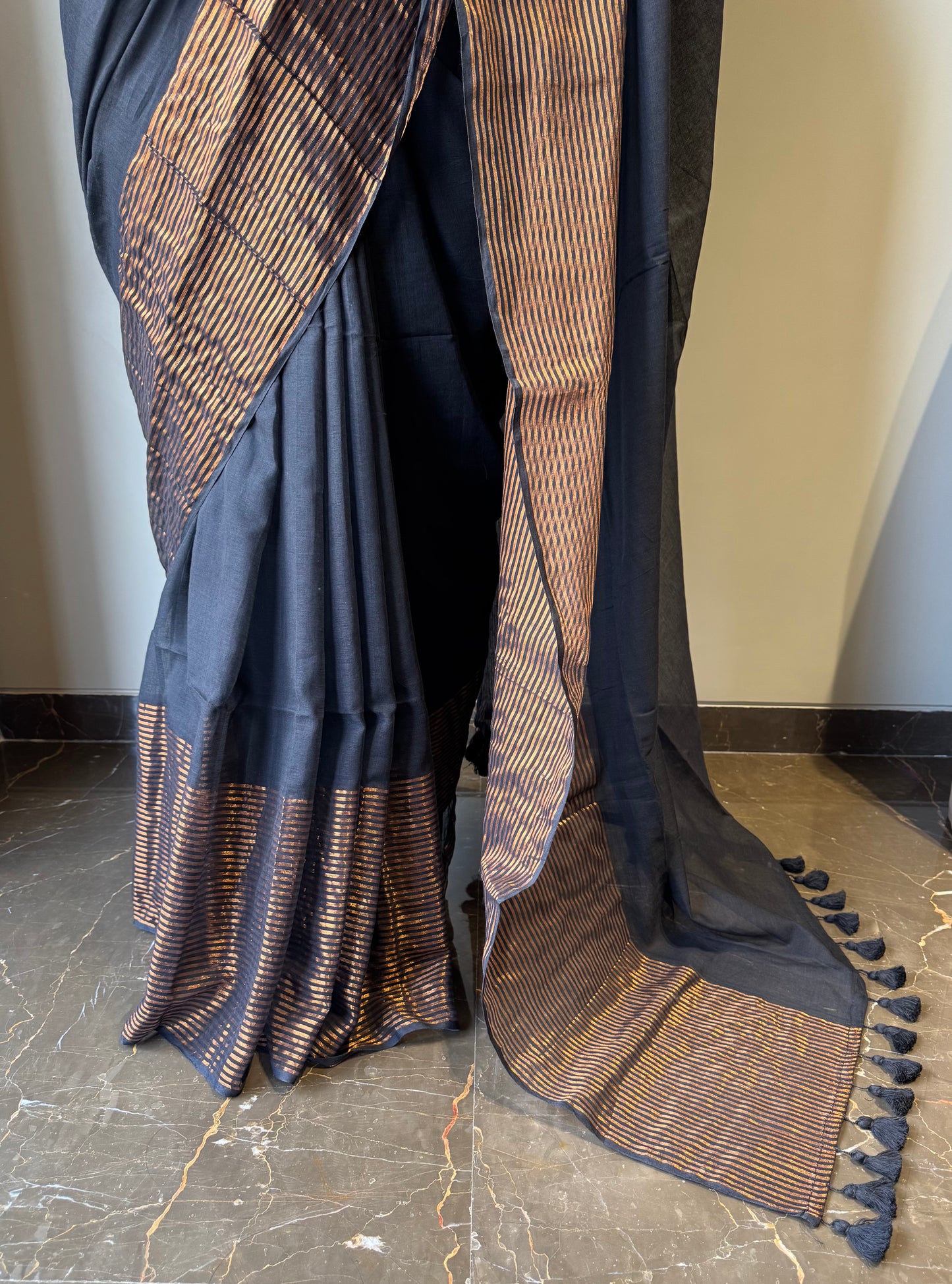 Mul Saree with Striped Zari Border - Black