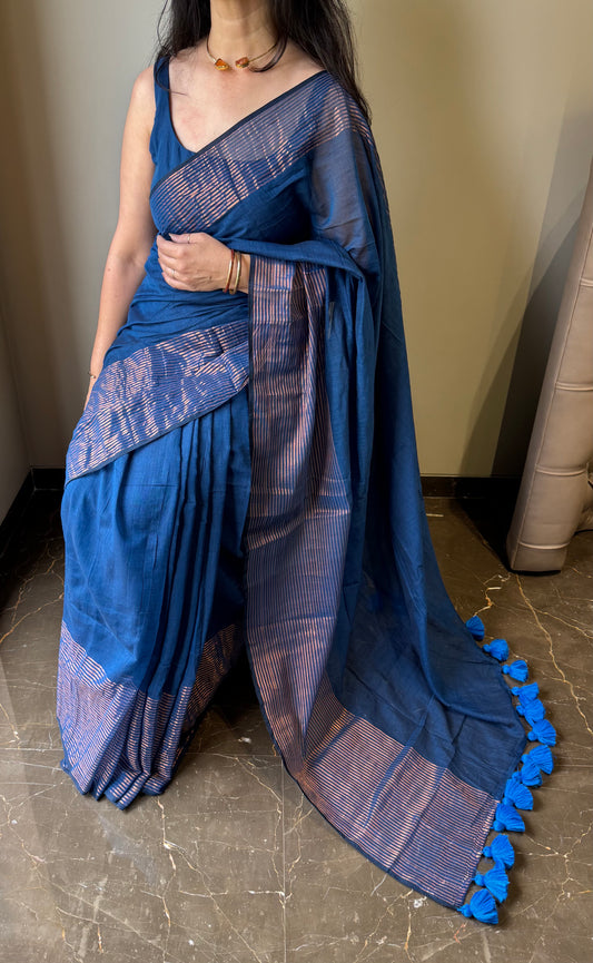 Mul Saree with Striped Zari Border - Blue