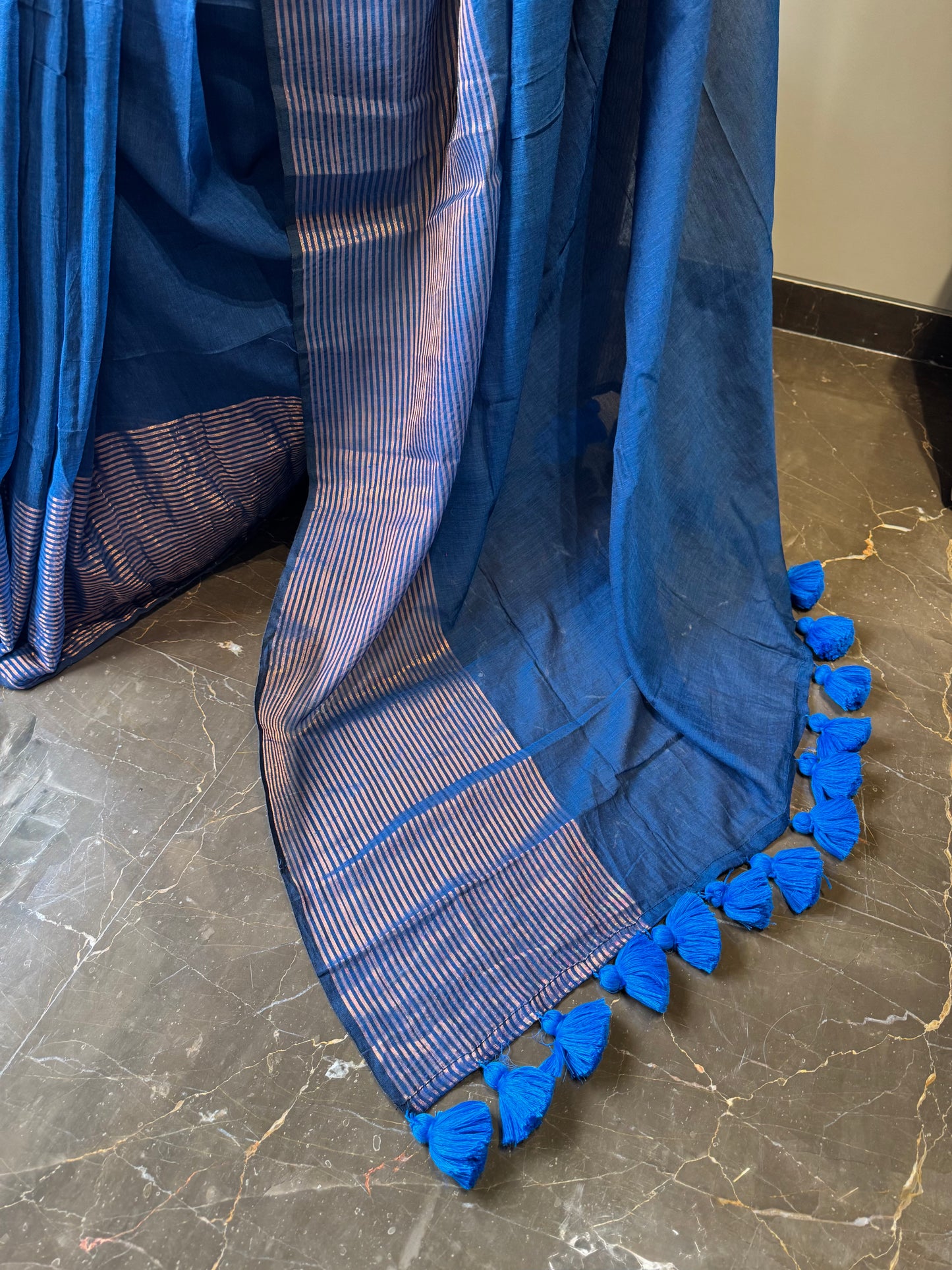 Mul Saree with Striped Zari Border - Blue