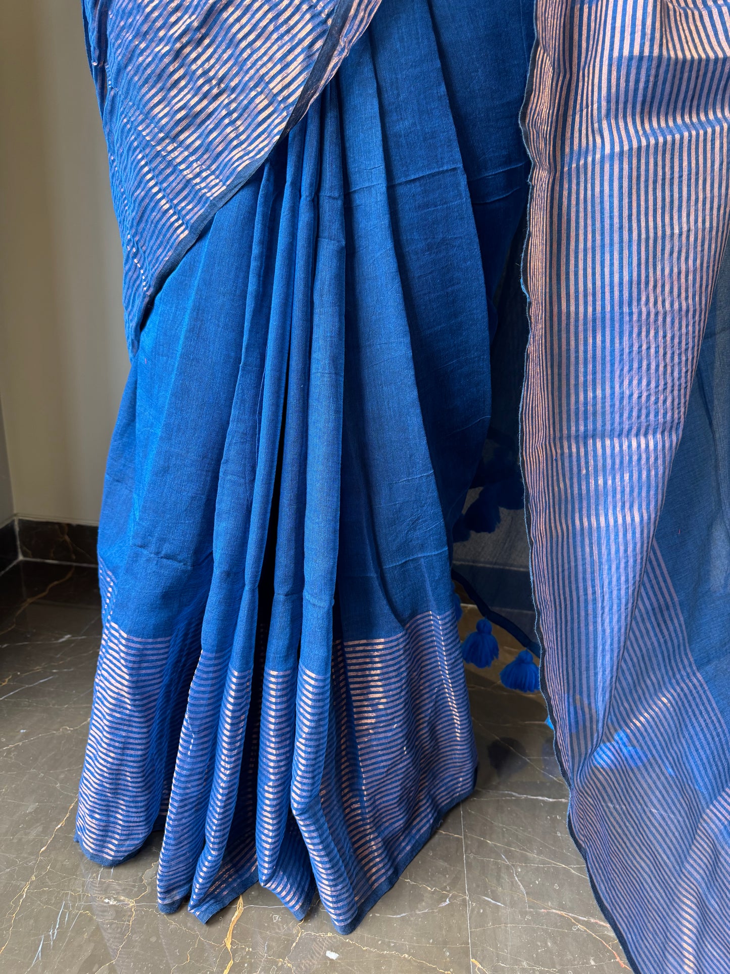 Mul Saree with Striped Zari Border - Blue