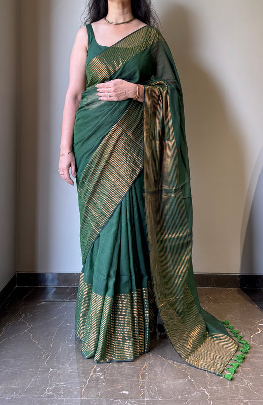 Mul Saree with Striped Zari Border - Green