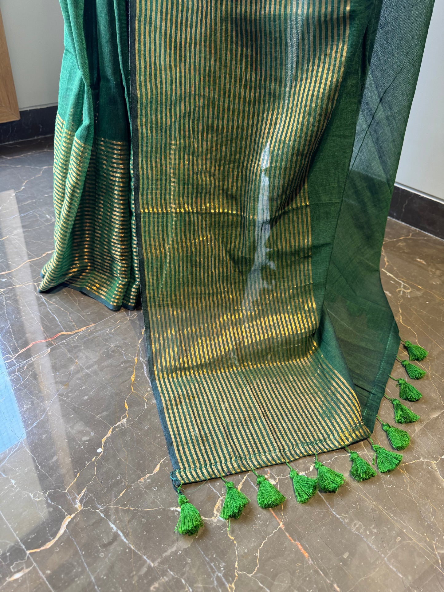 Mul Saree with Striped Zari Border - Green