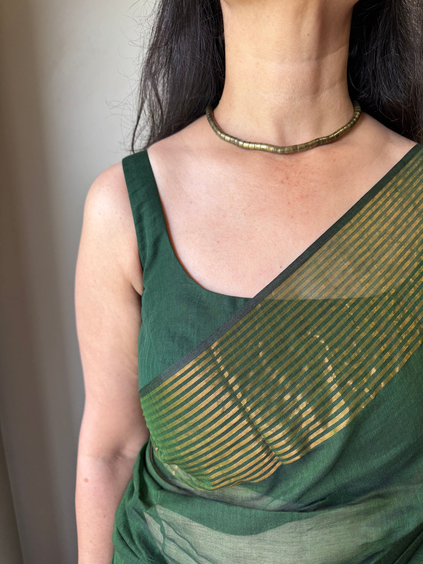 Mul Saree with Striped Zari Border - Green