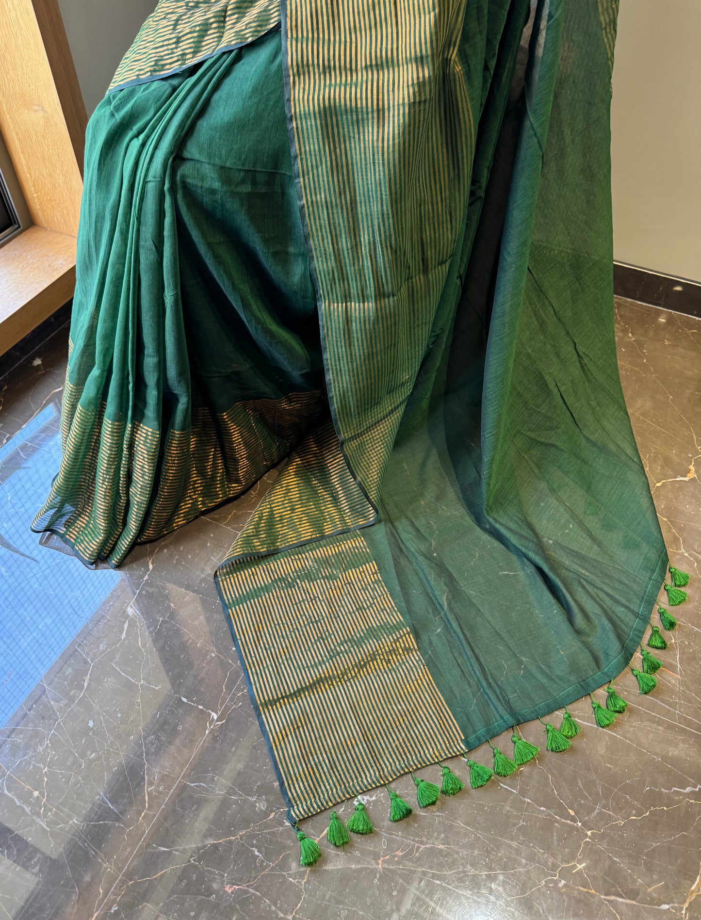 Mul Saree with Striped Zari Border - Green