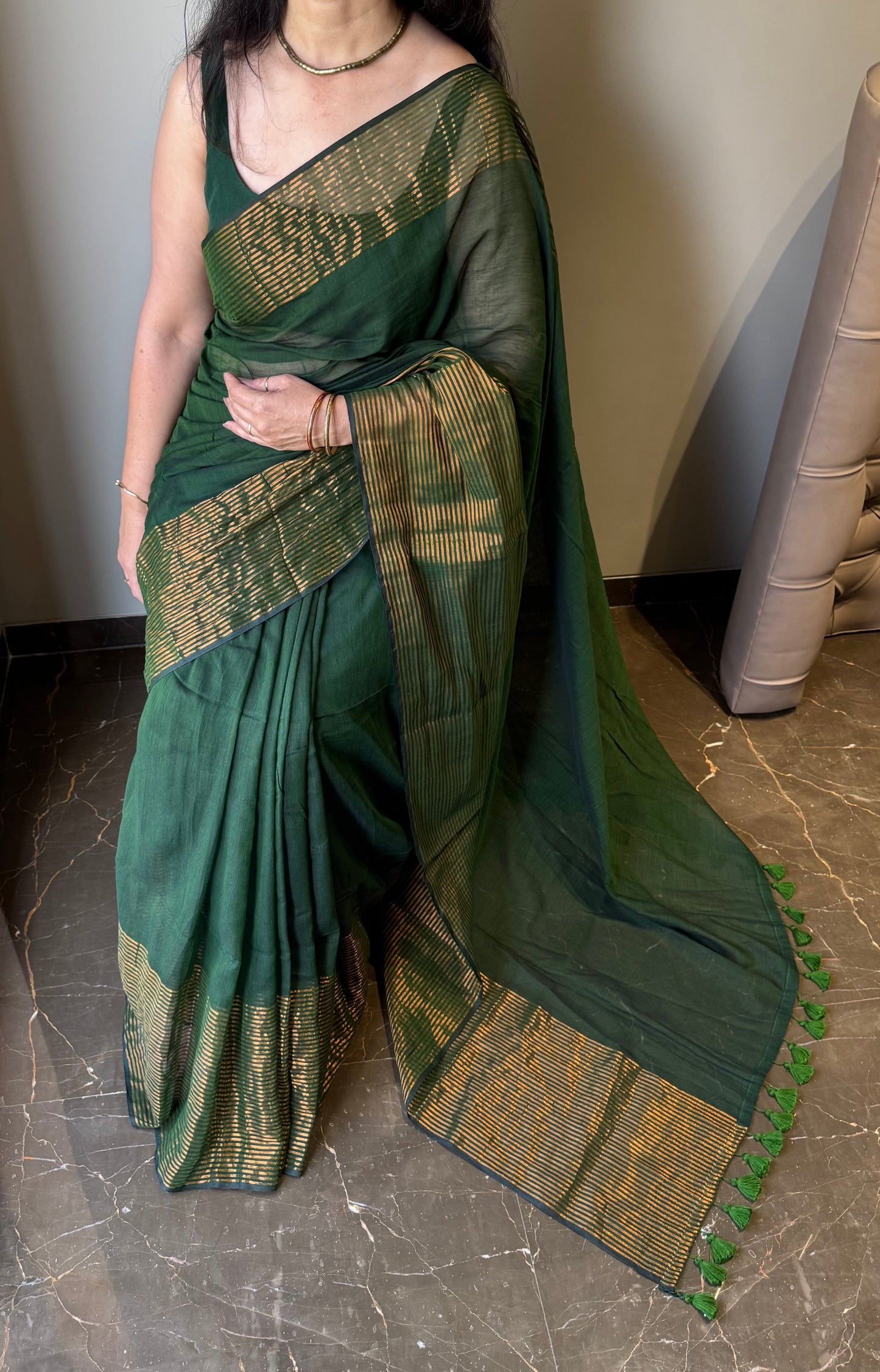 Mul Saree with Striped Zari Border - Green