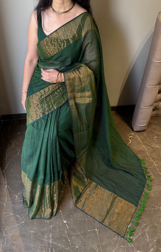Mul Saree with Striped Zari Border - Green