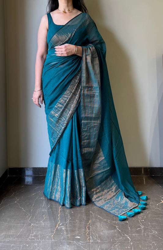 Mul Saree with Striped Zari Border - Rama