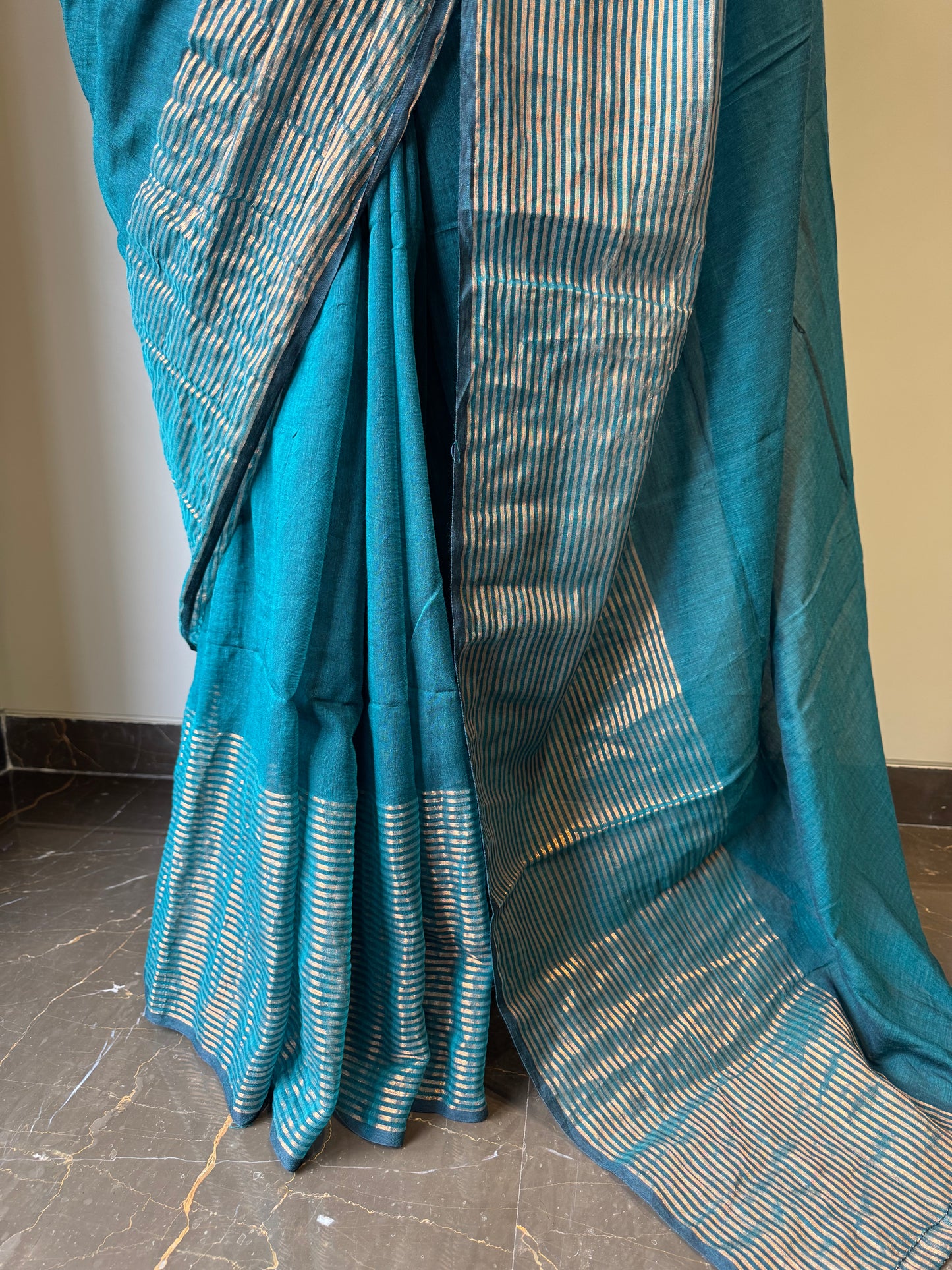 Mul Saree with Striped Zari Border - Rama