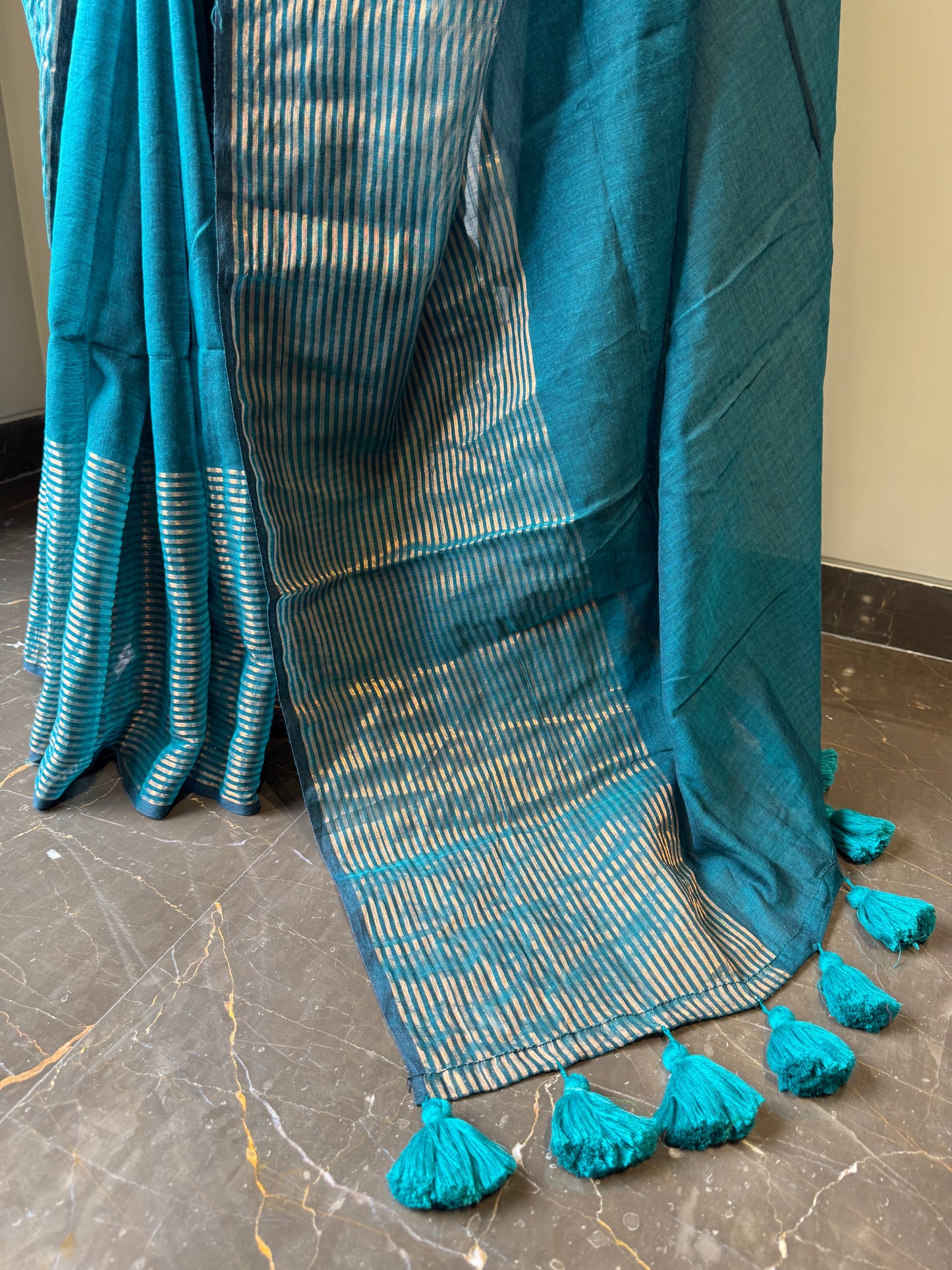 Mul Saree with Striped Zari Border - Rama