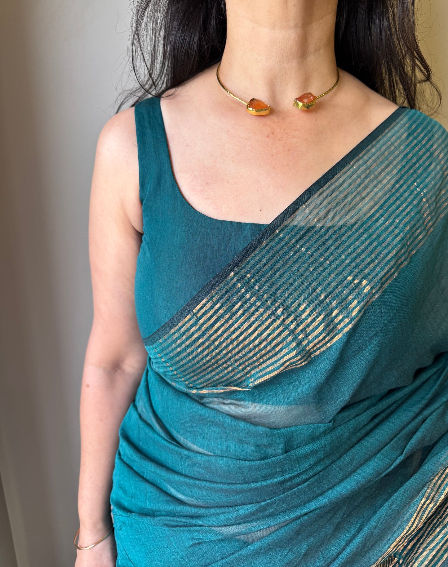 Mul Saree with Striped Zari Border - Rama