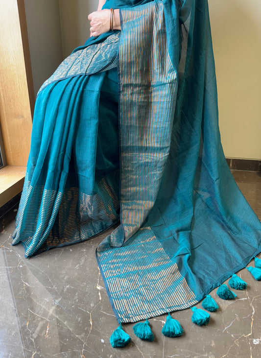 Mul Saree with Striped Zari Border - Rama