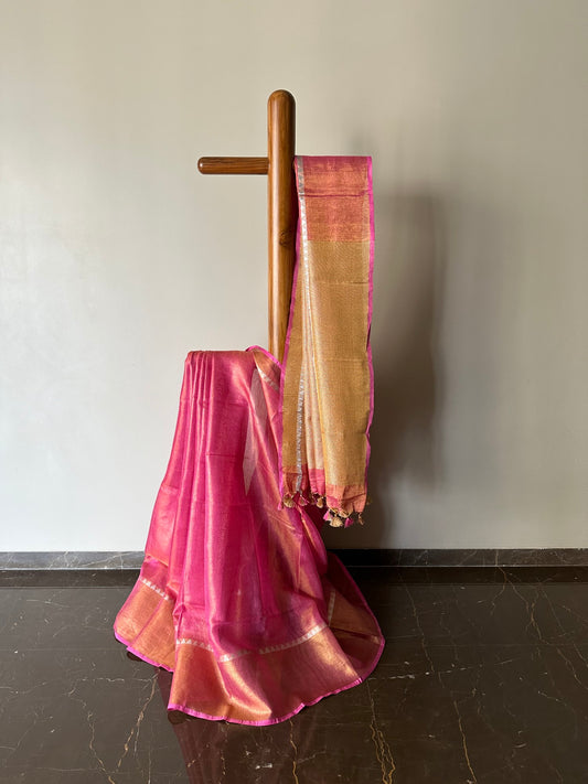 Linen Tissue Saree with Temple Border --