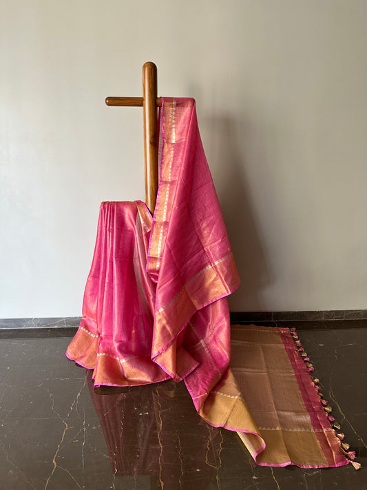 Linen Tissue Saree with Temple Border --